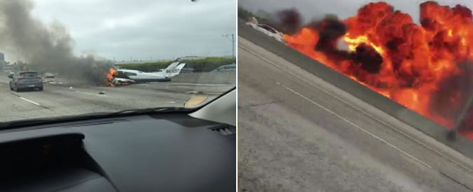 Copertina di Aereo si schianta sull’autostrada, centra alcune auto e prende fuoco. L’impatto ripreso dagli automobilisti in California