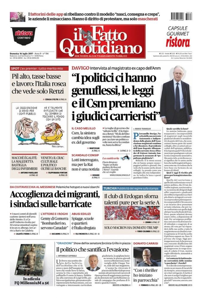 Copertina di domenica 16 luglio 2017