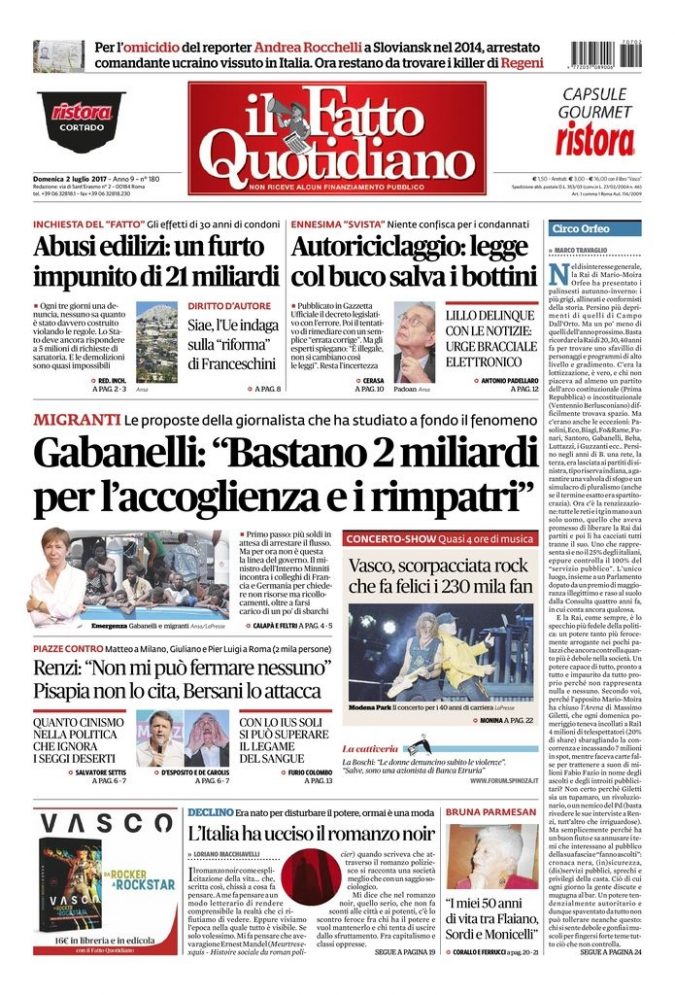 Copertina di domenica 2 luglio 2017