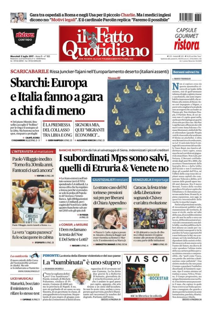 Copertina di mercoledì 5 luglio 2017