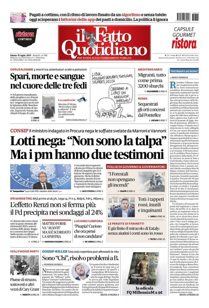 Copertina di sabato 15 luglio 2017