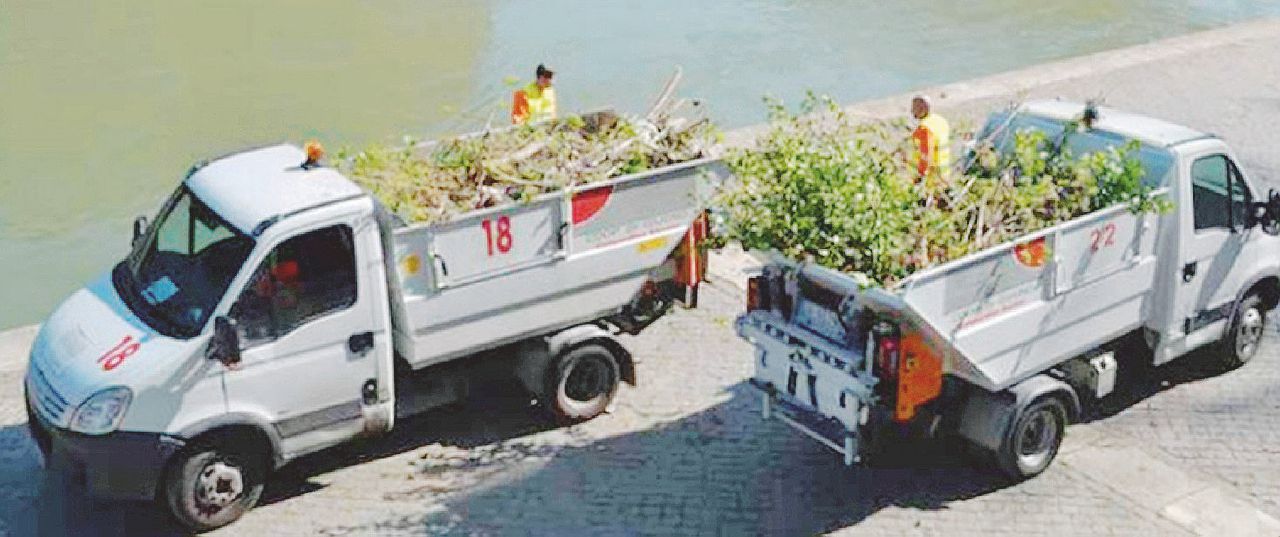 In servizio - Mezzi della cooperativa 29 Giugno al lavoro per la manutenzione del verde pubblico sul Lungotevere Le macerie di Buzzi. Le coop distrutte per Mafia Capitale