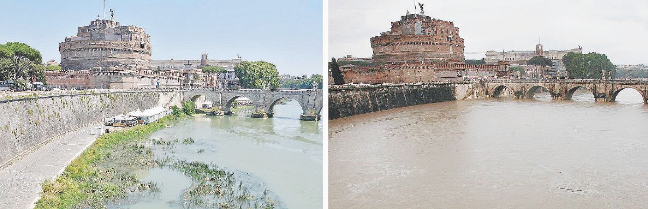 Salute - il Tevere in questi giorni e in tempi normali - Ansa/LaPresse Niente pioggia, Roma a secco. Tagliata l’acqua per la notte