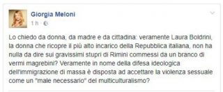 Rimini, Meloni attacca Boldrini su Facebook: “Davvero non ha nulla da dire su questi vermi magrebini?”