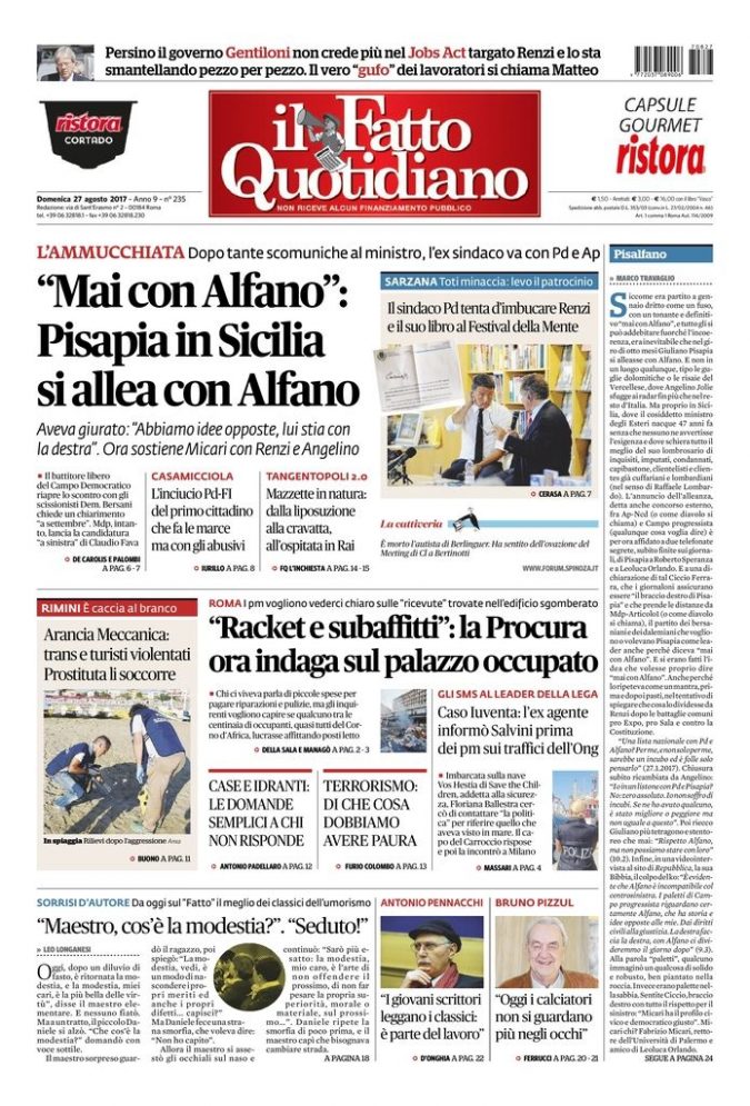 Copertina di domenica 27 agosto 2017