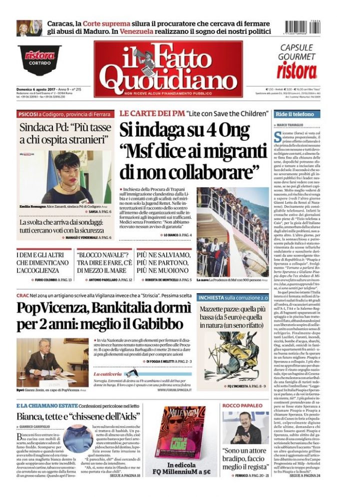 Copertina di domenica 6 agosto 2017