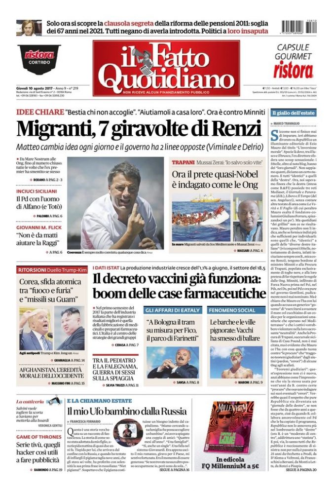 Copertina di giovedì 10 agosto 2017