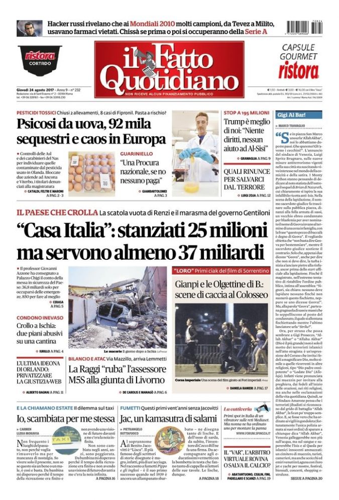 Copertina di giovedì 24 agosto 2017