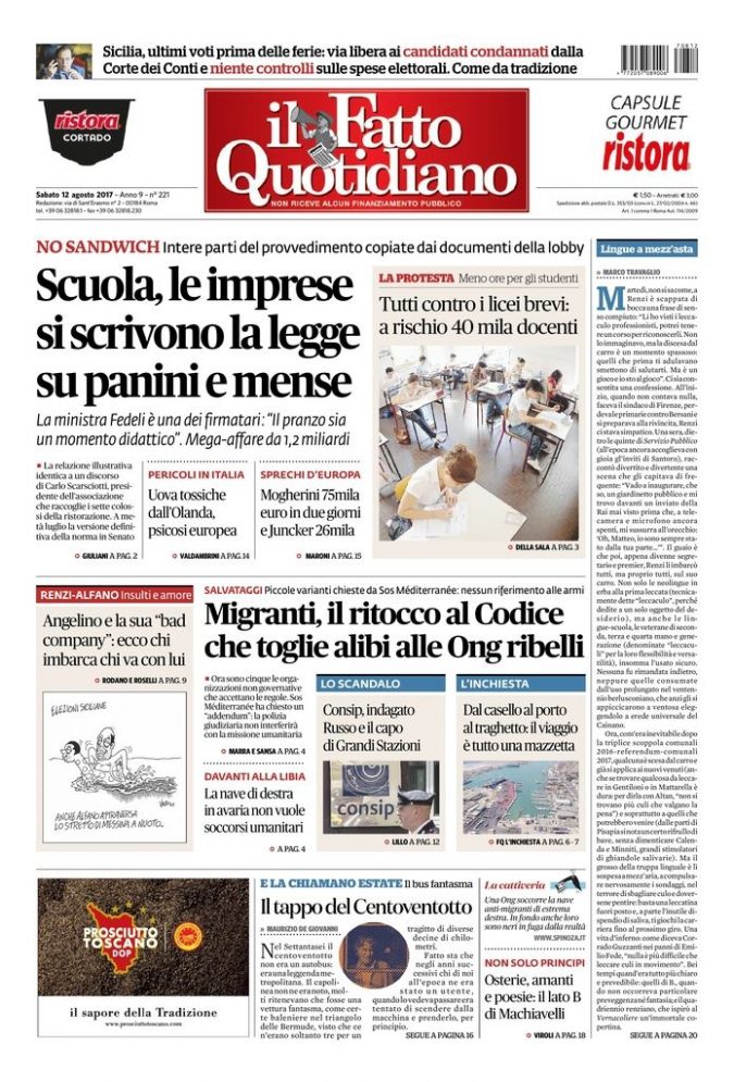 Copertina di sabato 12 agosto 2017