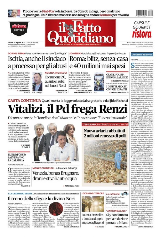 Copertina di sabato 26 agosto 2017