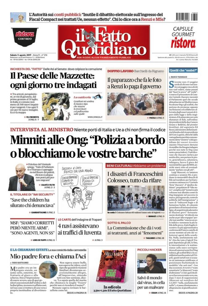 Copertina di sabato 5 agosto 2017