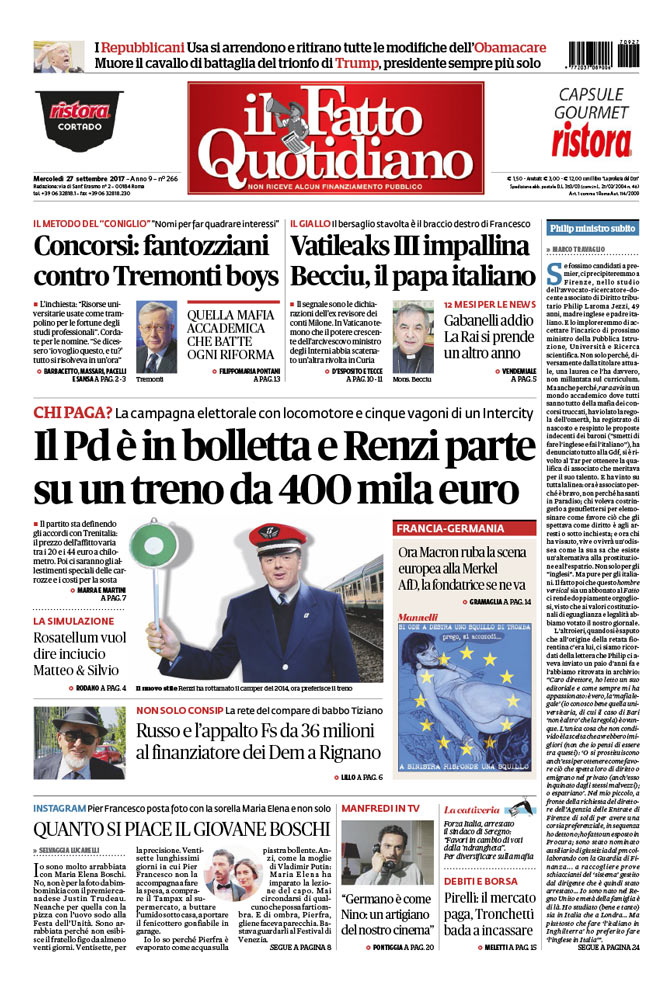 Il Pd è in bolletta e Renzi parte su un treno da 400 mila euro