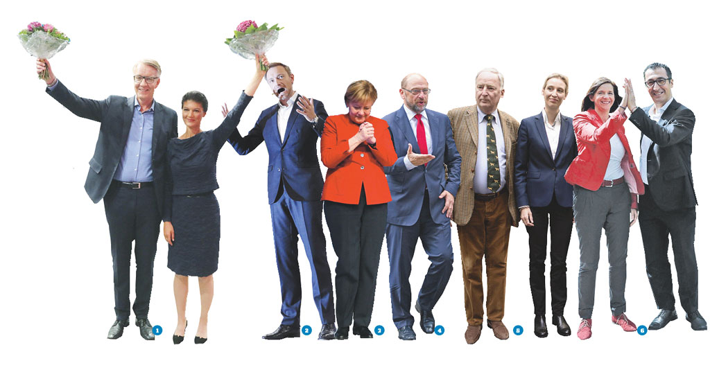 1. Sahra Wagenknecht e Dietmar Bartsch, Die Linke 2. Christian Lindner, liberale 3. Angela Merkel, Unione Cdu-Csu 4. Martin Schulz, Spd 5. Alexander Gauland e Alice Weidel, Afd 6. Katrin Goering Eckardt e Cem Ozdemir, Verdi Ansa
Zero immigrati, meno tasse, più polizia: vai con lo slogan