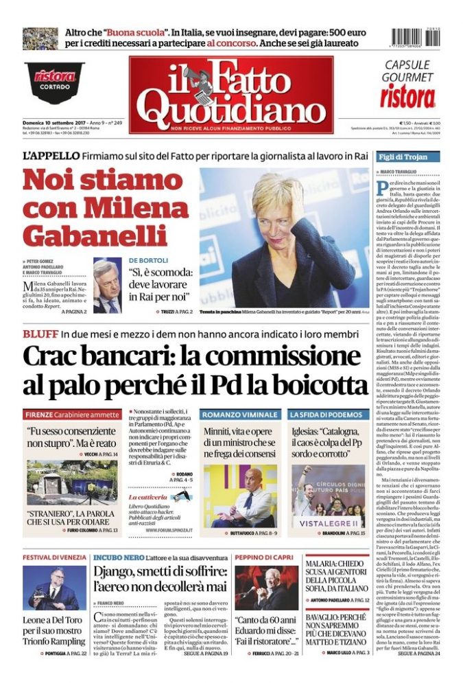 Copertina di domenica 10 settembre 2017