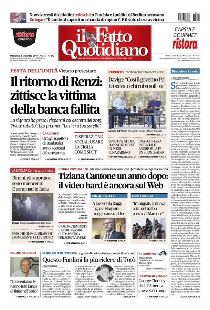 Copertina di domenica 3 settembre 2017