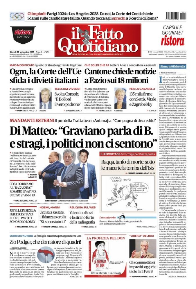 Copertina di giovedì 14 settembre 2017