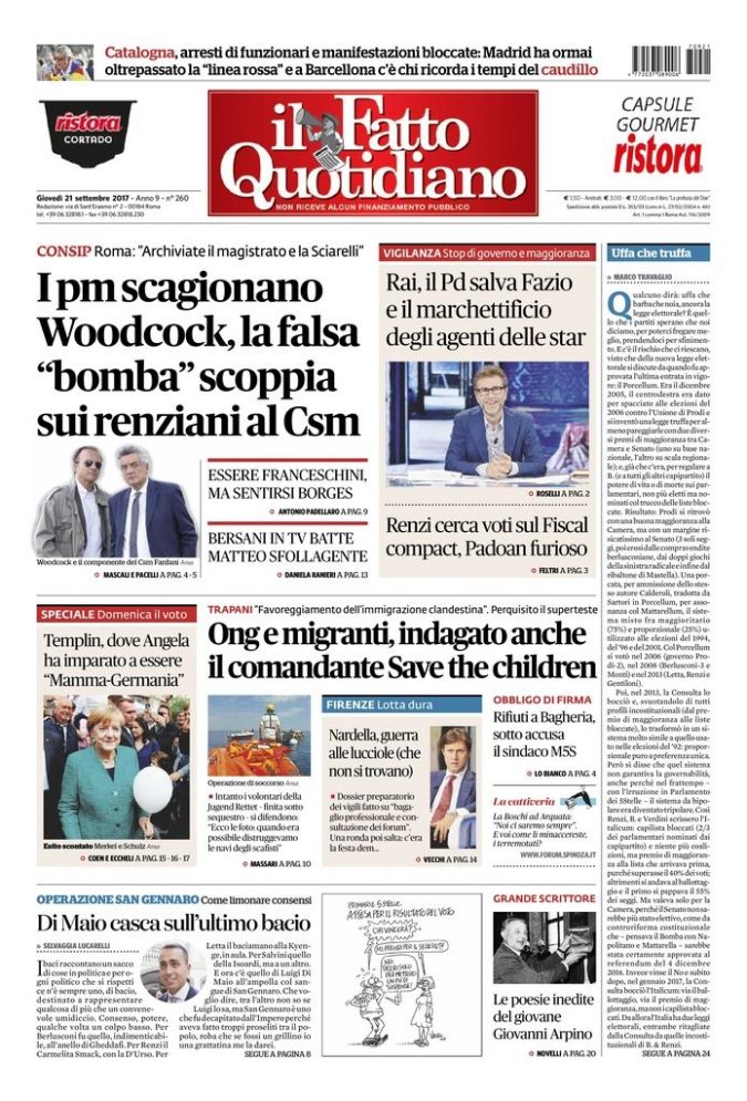 Copertina di giovedì 21 settembre 2017