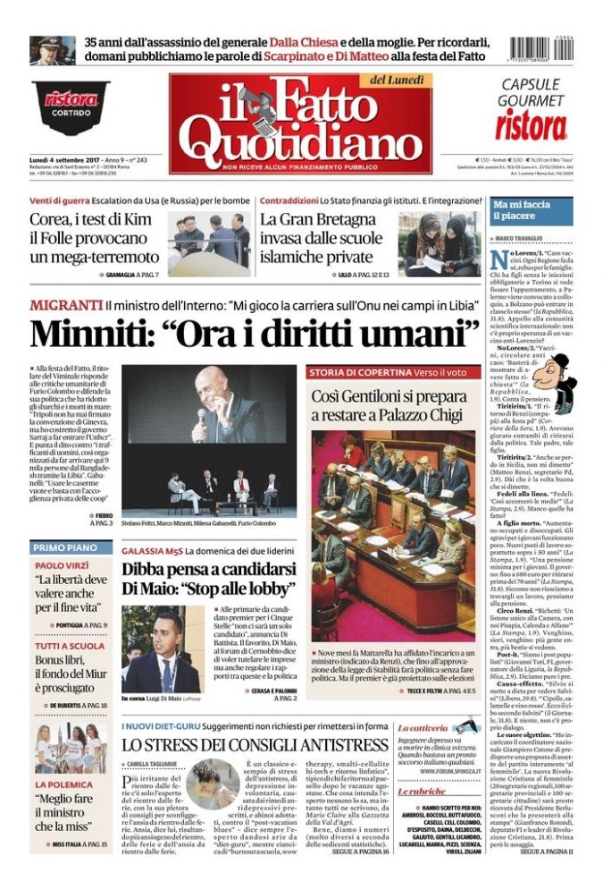 Copertina di lunedì 4 settembre 2017