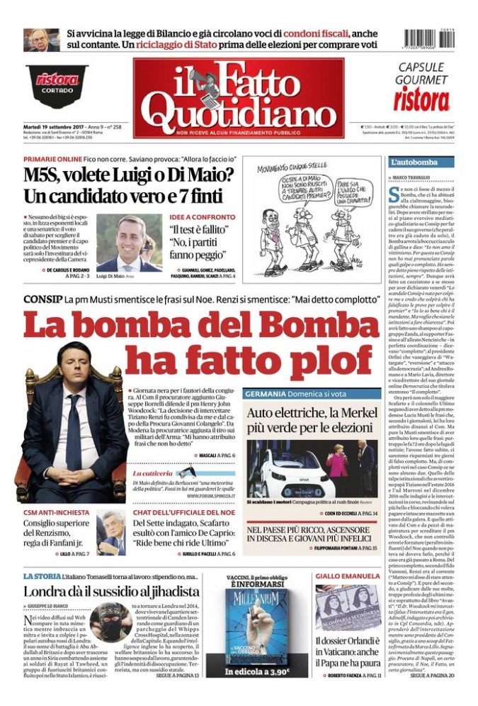 Copertina di martedì 19 settembre 2017