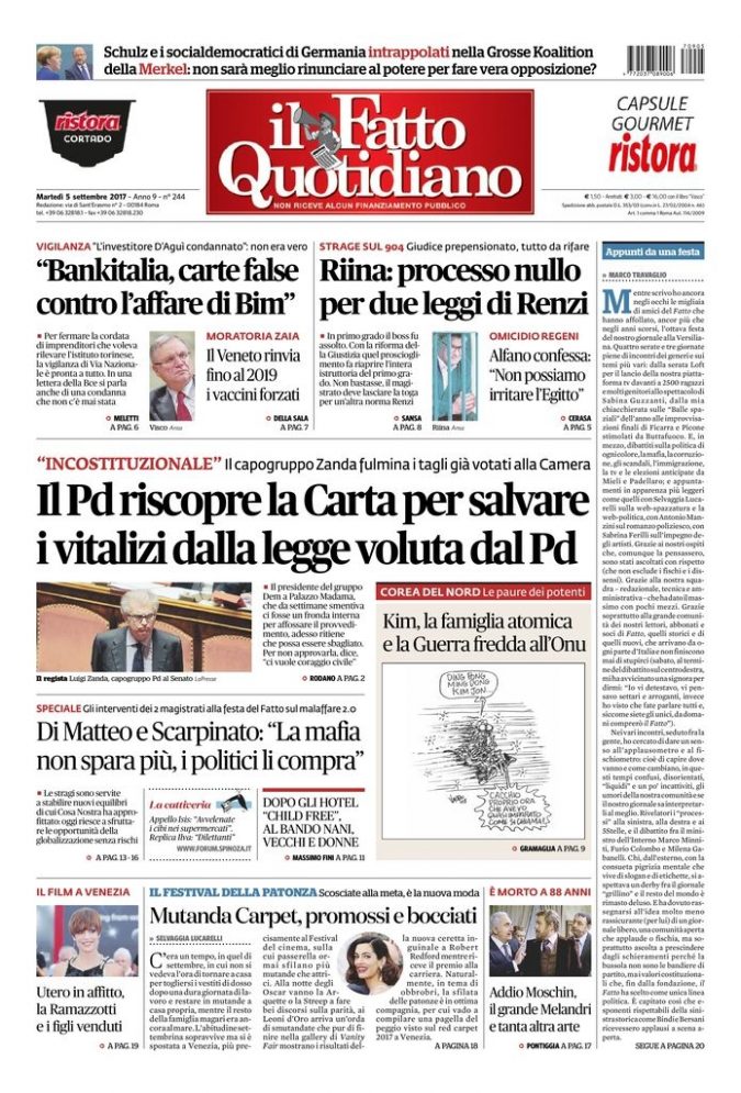 Copertina de Il Fatto Quotidiano di Mar 5 Settembre 2017