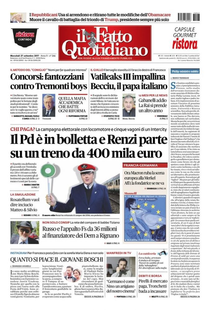 Copertina di mercoledì 27 settembre 2017