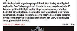 Copertina di Miss Turchia, tweet ironico sul fallito golpe: perde la corona dopo poche ore