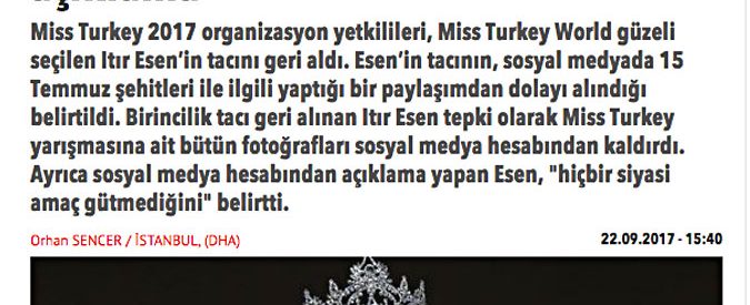 Miss Turchia, tweet ironico sul fallito golpe: perde la corona dopo poche ore
