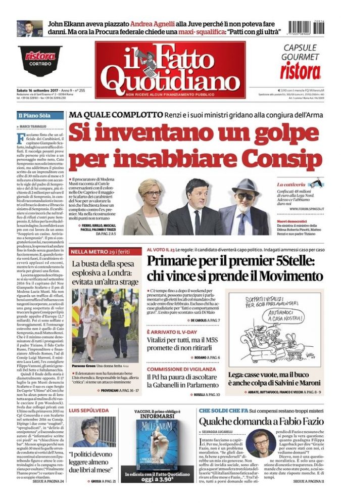 Copertina di sabato 16 settembre 2017