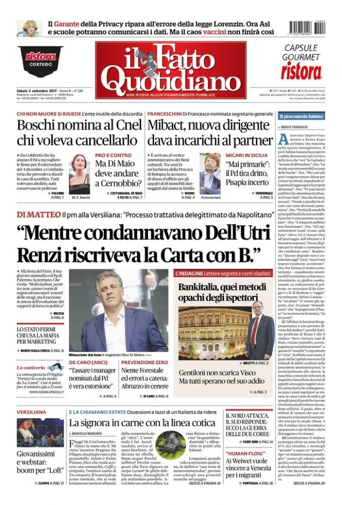 Copertina di sabato 2 settembre 2017