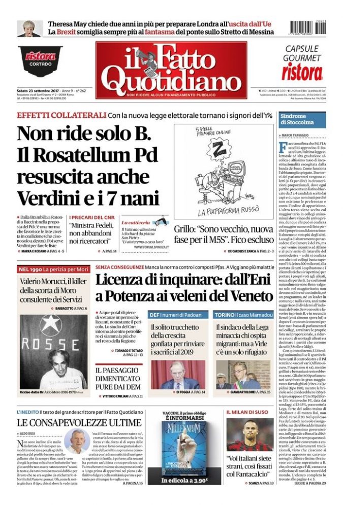 Copertina di sabato 23 settembre 2017