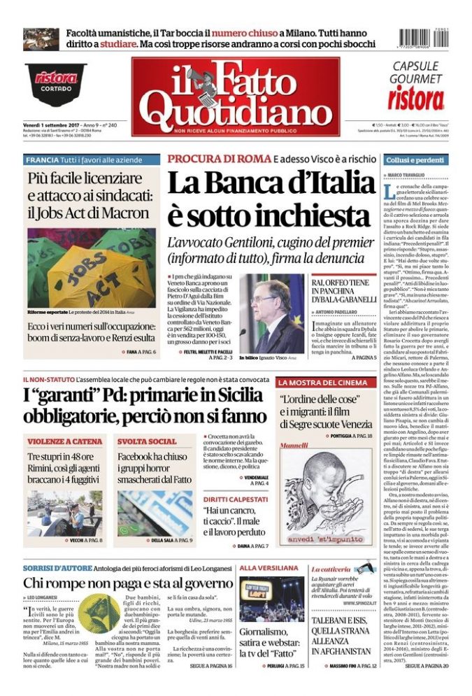 Copertina di venerdì 1 settembre 2017