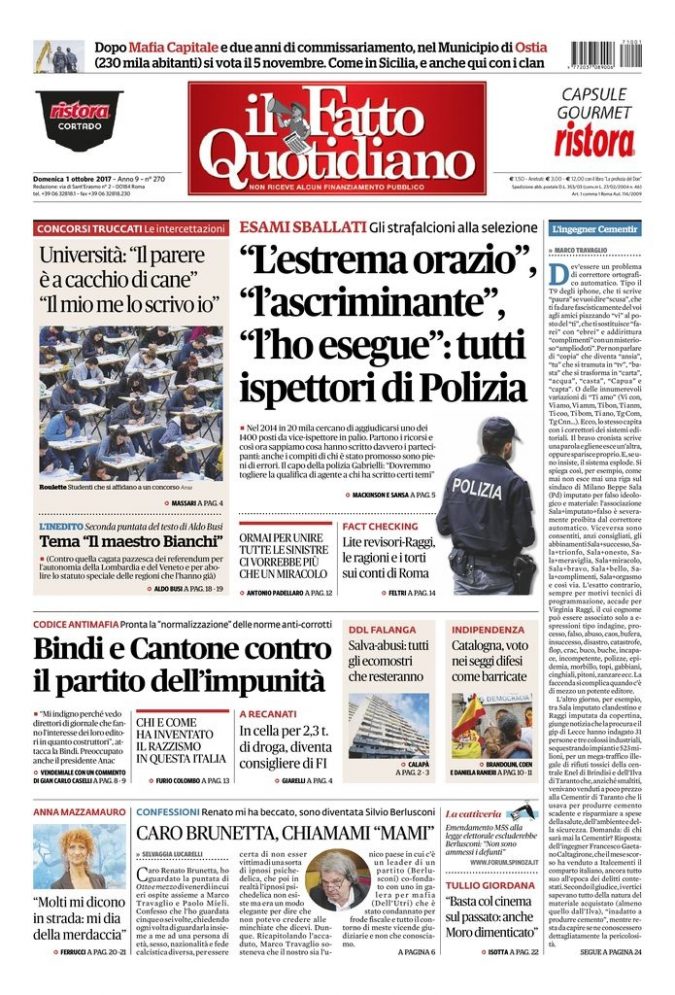 Copertina di domenica 1 ottobre 2017