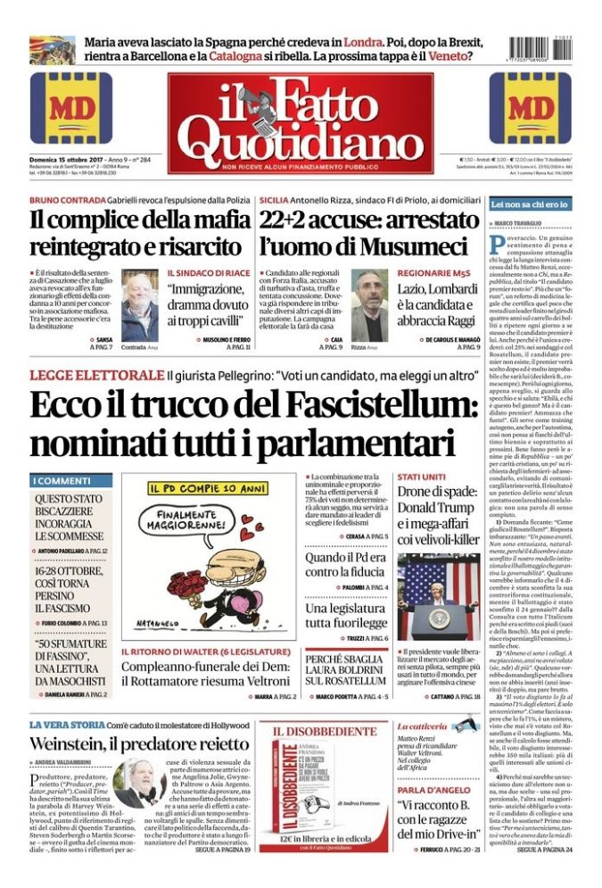 Copertina di domenica 15 ottobre 2017