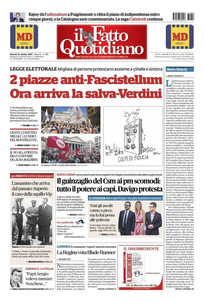 Copertina di giovedì 12 ottobre 2017