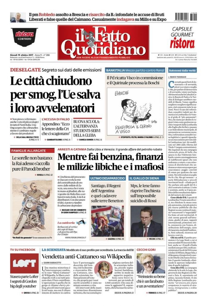 Copertina di giovedì 19 ottobre 2017