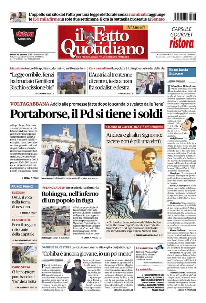 Copertina di lunedì 16 ottobre 2017