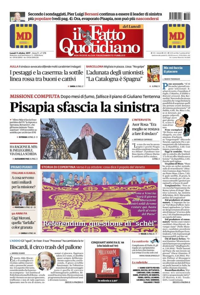 Copertina di lunedì 9 ottobre 2017