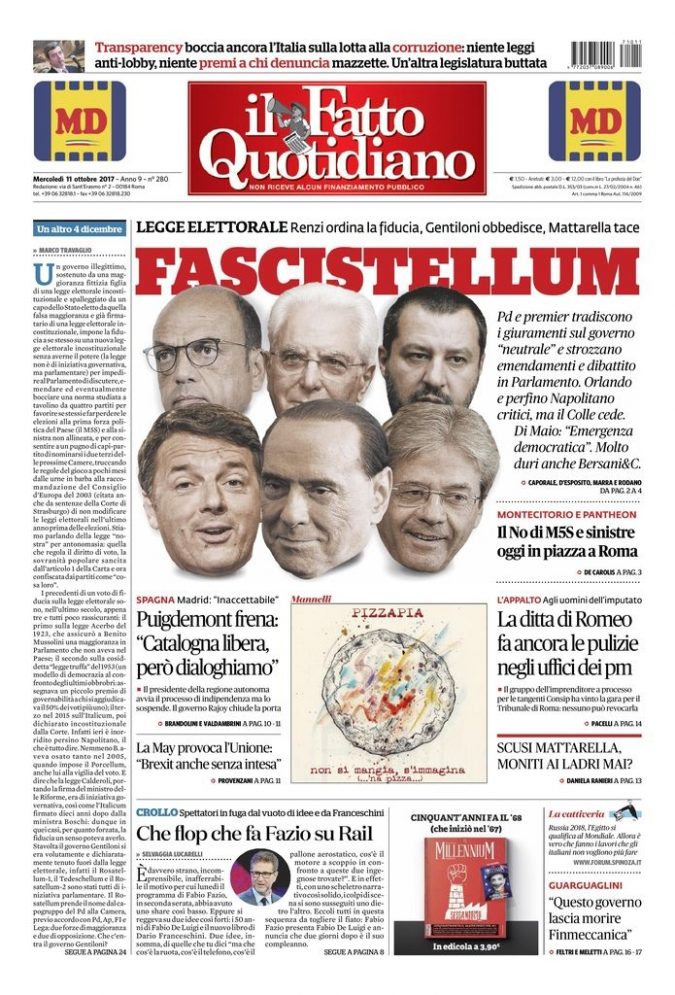 Copertina di mercoledì 11 ottobre 2017