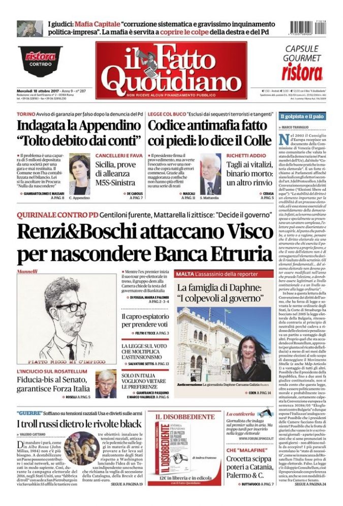 Copertina di mercoledì 18 ottobre 2017