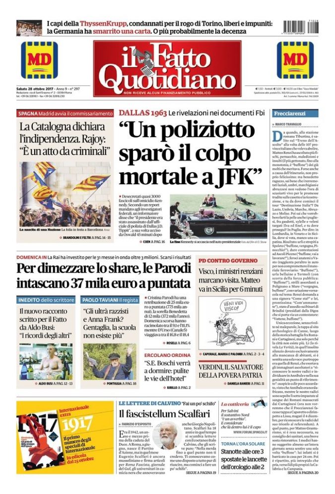 Copertina di sabato 28 ottobre 2017