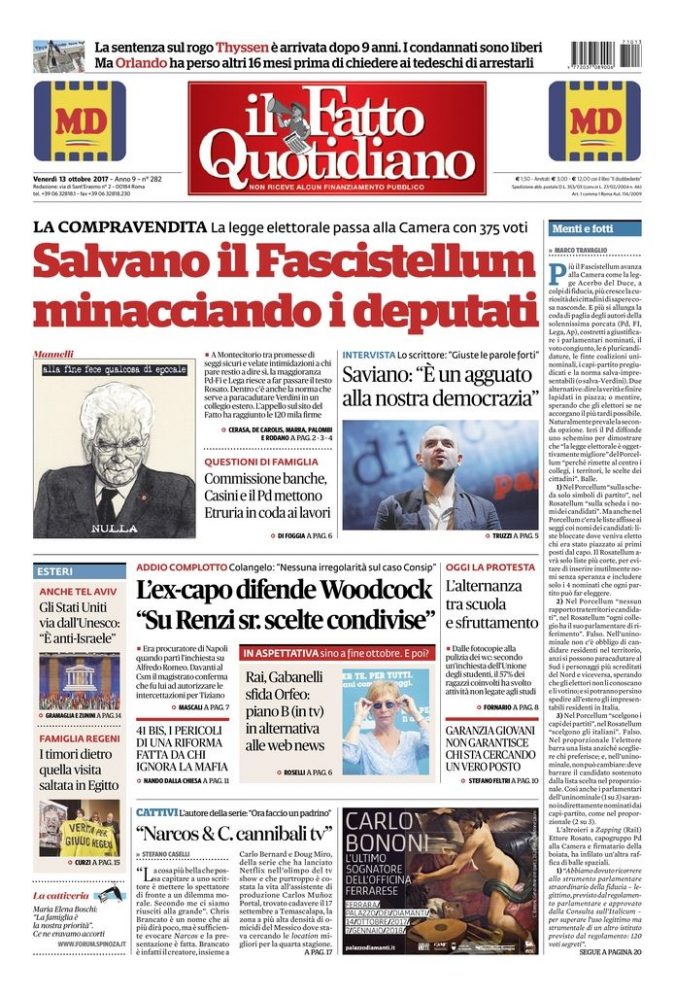 Copertina di venerdì 13 ottobre 2017