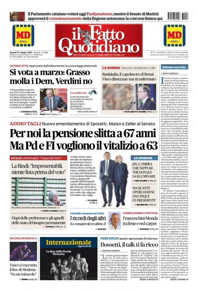 Copertina di venerdì 27 ottobre 2017