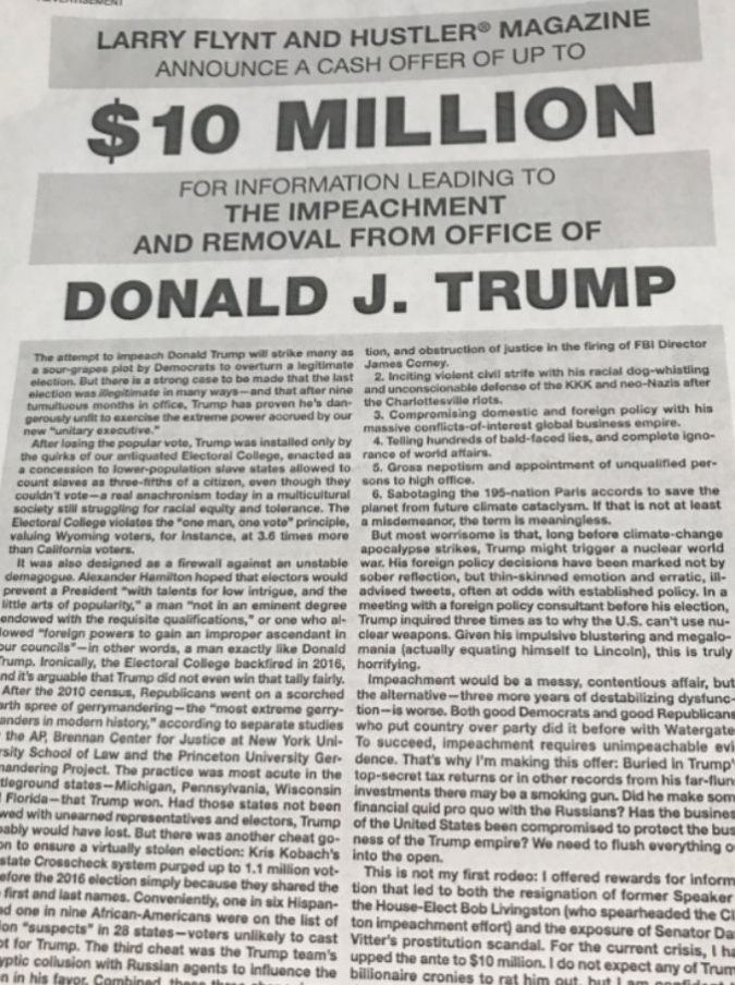 Trump, il re del porno Flynt offre 10 milioni di dollari a chi fornisca materiale per incriminare il presidente Usa