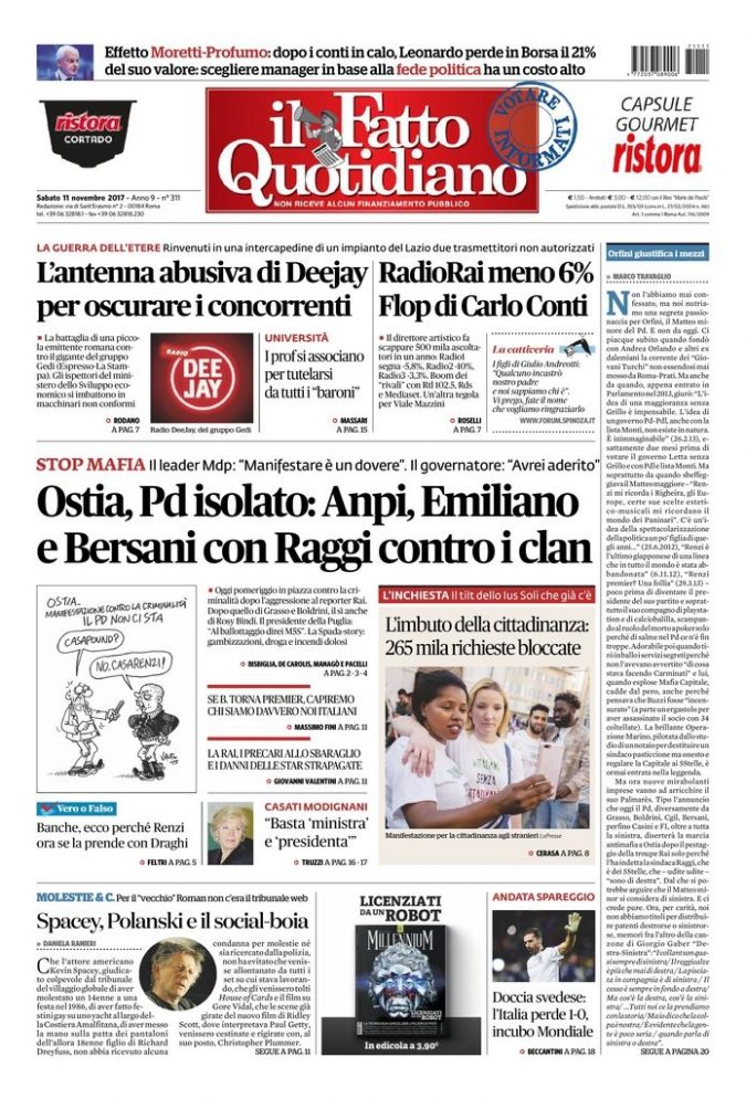 Copertina de Il Fatto Quotidiano di Sab 11 Novembre 2017