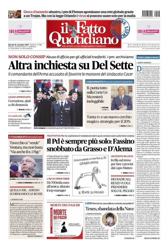 Copertina di giovedì 16 novembre 2017