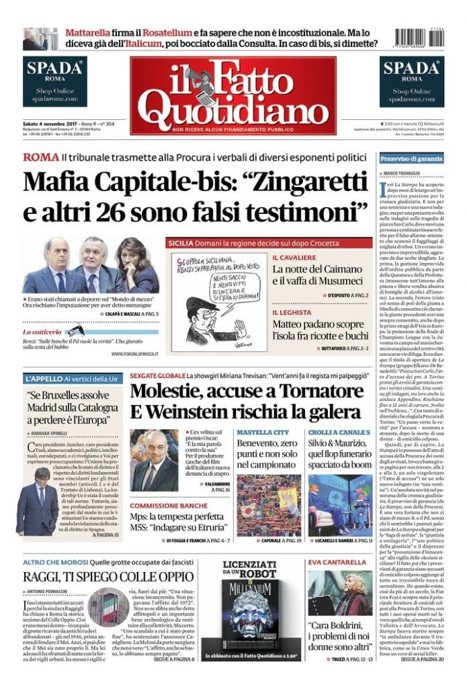 Copertina di sabato 4 novembre 2017