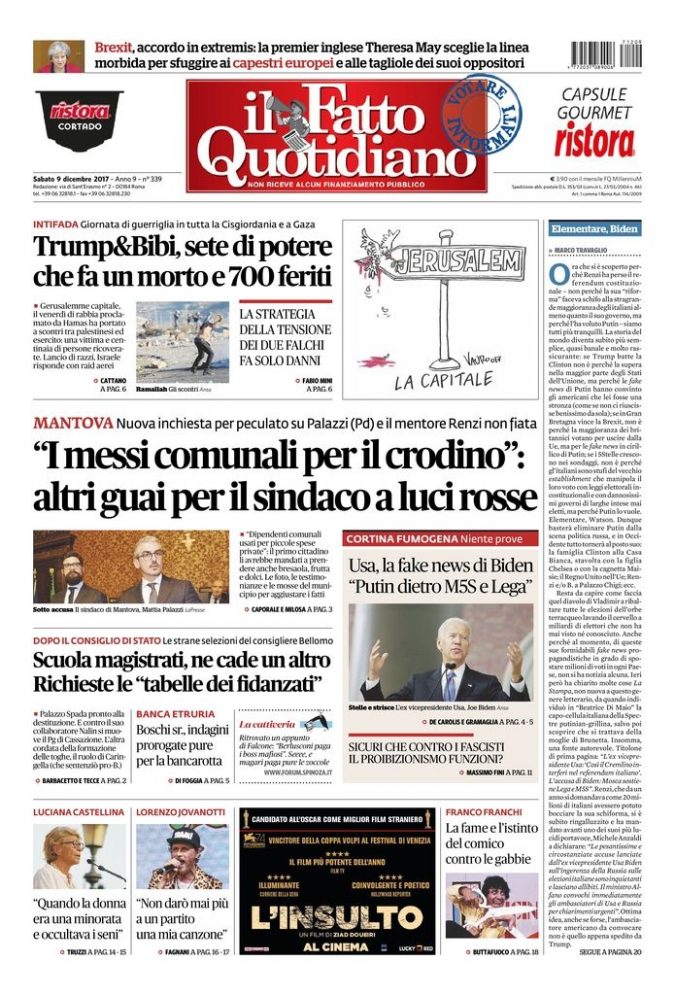 Copertina di sabato 9 dicembre 2017