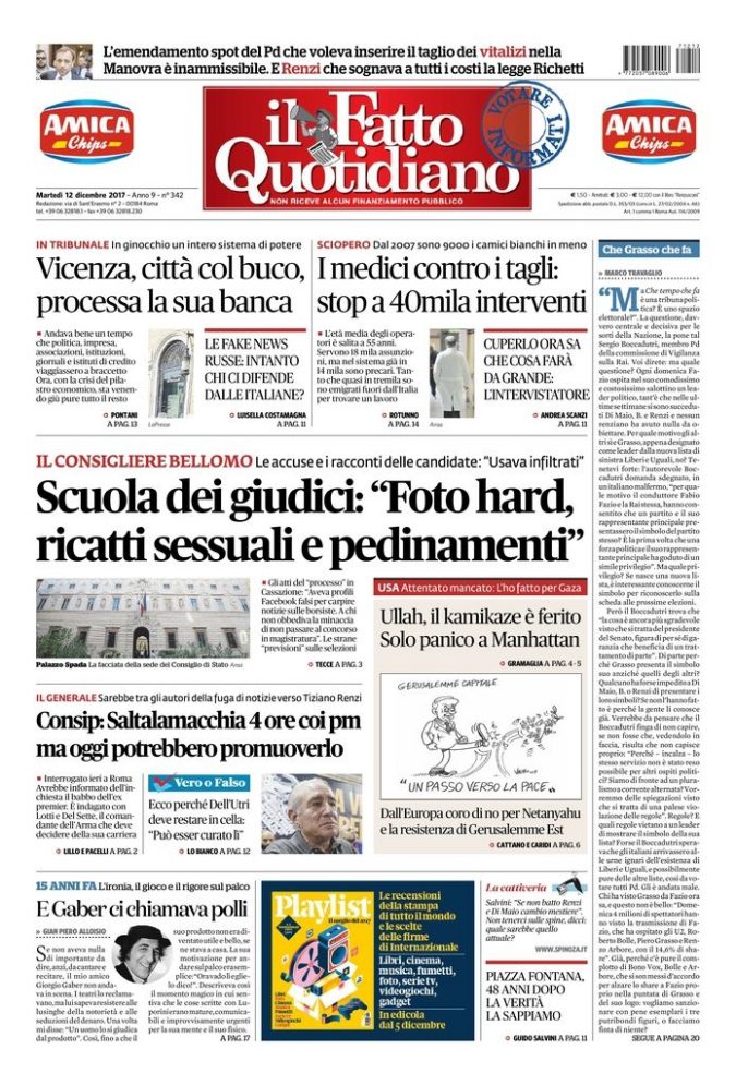 Copertina de Il Fatto Quotidiano di Mar 12 Dicembre 2017