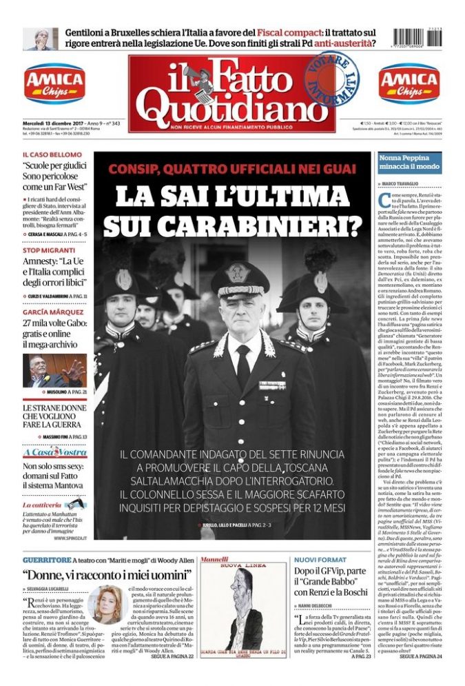 Copertina di mercoledì 13 dicembre 2017