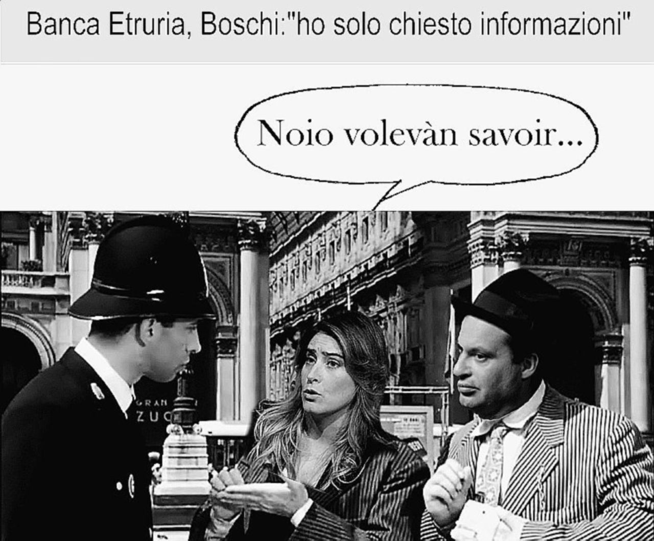 Come un film - Boschi e Carrai che chiedono informazioni come Totò e Peppino a Milano - Vignetta di Paolo della Bella La girandola di incontri nell’annus horribilis. I 4 mesi vissuti pericolosamente ad Arezzo